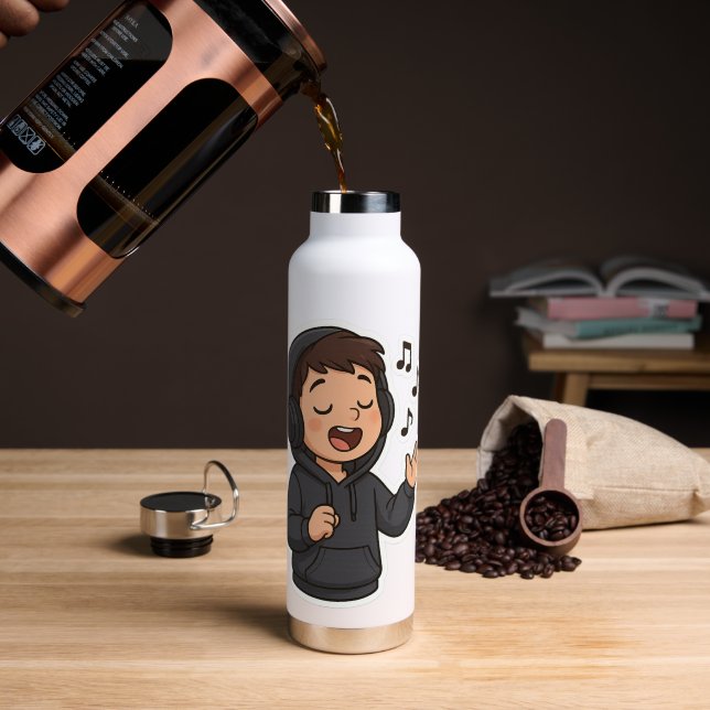 Cool Hoodie Boy Singing Sticker 🎧 | Music Lover A Water Bottle (Coffee (Rotated))