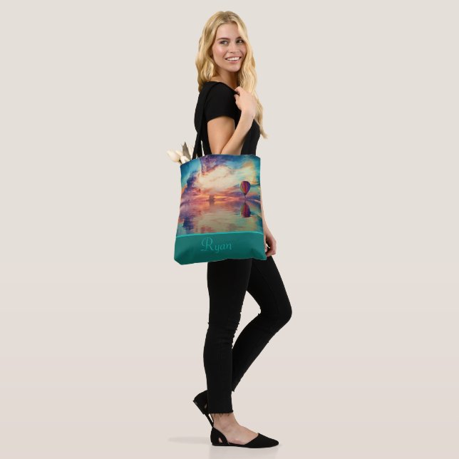 Cool Hot Air Balloon Sunrise Teal Your Name Tote Bag (On Model)