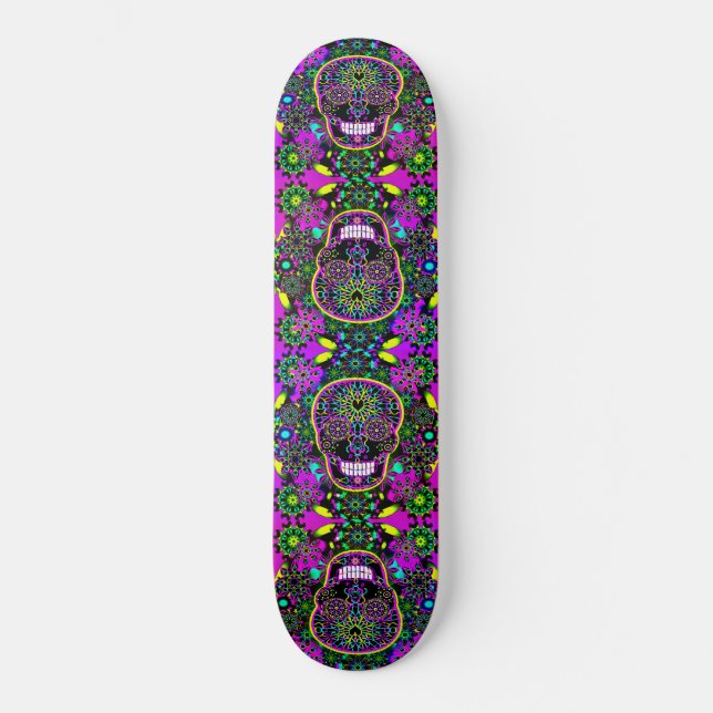 Cool Hot Green and Purple Sugar Skull Skateboard (Front)
