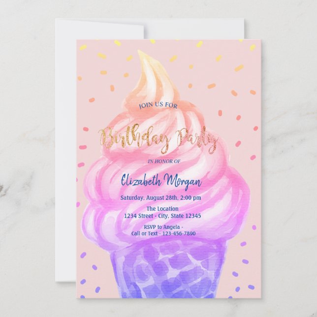Cool Ice cream Cone Pink Birthday Party Invitation (Front)