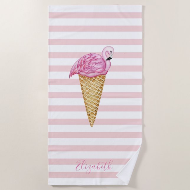 Cool Ice Cream Flamingo Pink Stripes Beach Towel (Front)