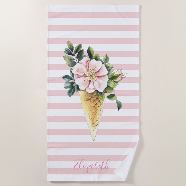 Cool Ice Cream Flowers Striped Beach Towel (Front)