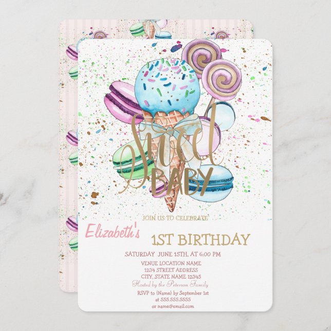 Cool Ice Cream Macaroons Striped Birthday   Invitation (Front/Back)