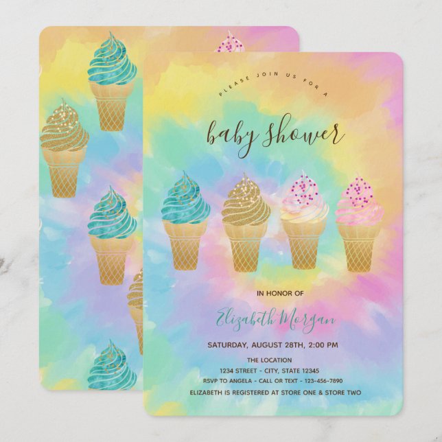Cool Ice Creams Colourful Tie Dye Baby Shower   Invitation (Front/Back)