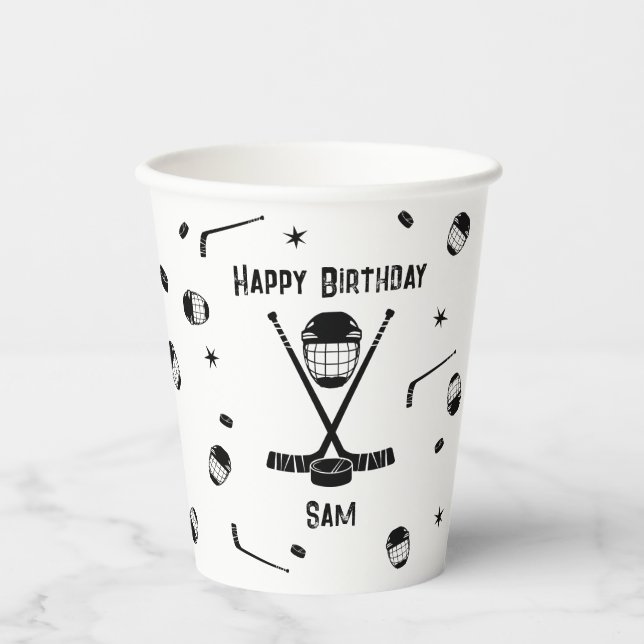 Cool Ice Hockey Black and White Birthday Party Paper Cups (Front)