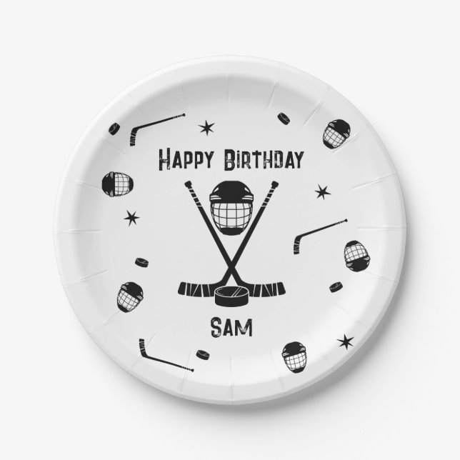 Cool Ice Hockey Black and White Birthday Party Paper Plate (Front)