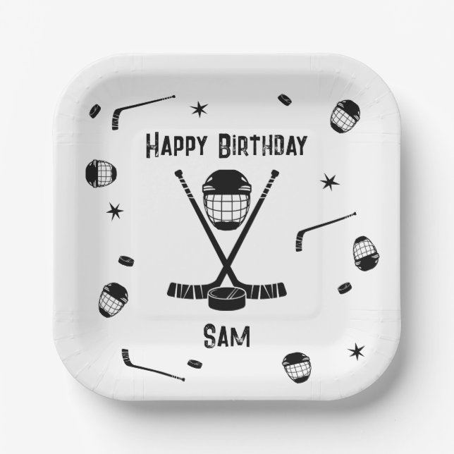 Cool Ice Hockey Black and White Birthday Party Paper Plate (Front)