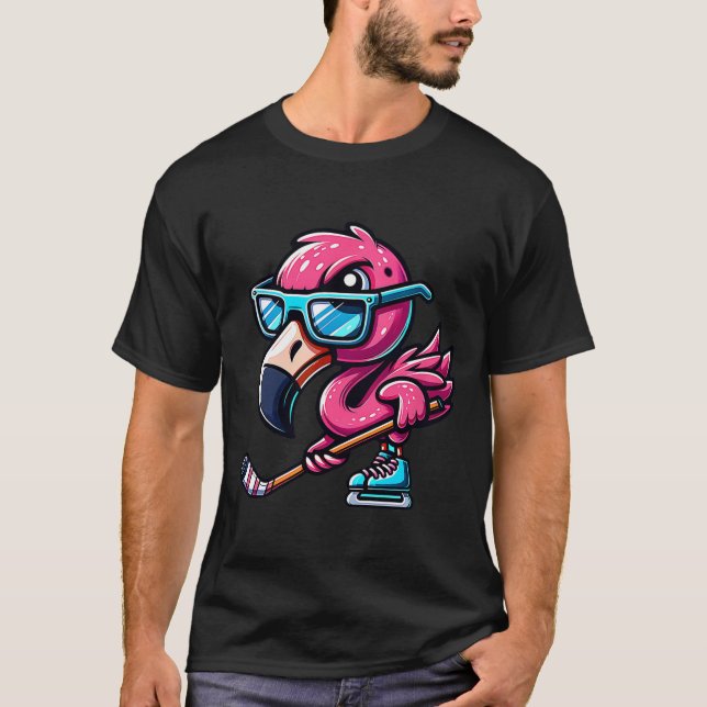 Cool Ice Hockey Flamingo With Attitude  T-Shirt (Front)