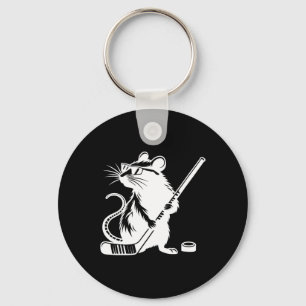 Cool Ice Hockey Rat With Stick And Puck Keychain