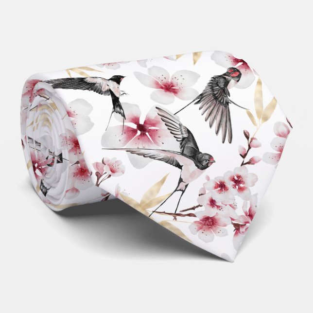 cool Japanese birds flowers tiled pattern Tie (Rolled)