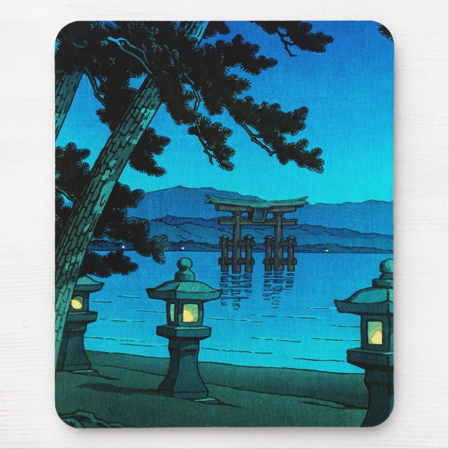 Cool japanese moonlit night gate sea hasui kawase mouse pad (Front)
