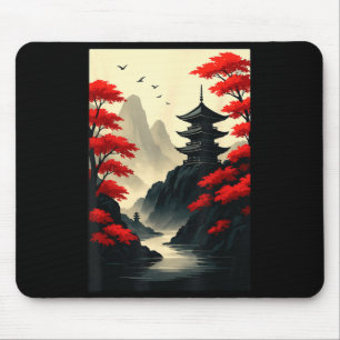 Cool Japanese Pagoda Castle Mountain Landscape Gra Mouse Pad