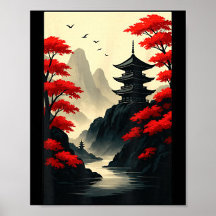 Cool Japanese Pagoda Castle Mountain Landscape Gra Poster