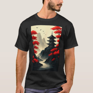 Cool Japanese Pagoda Castle Mountain Landscape Gra T-Shirt