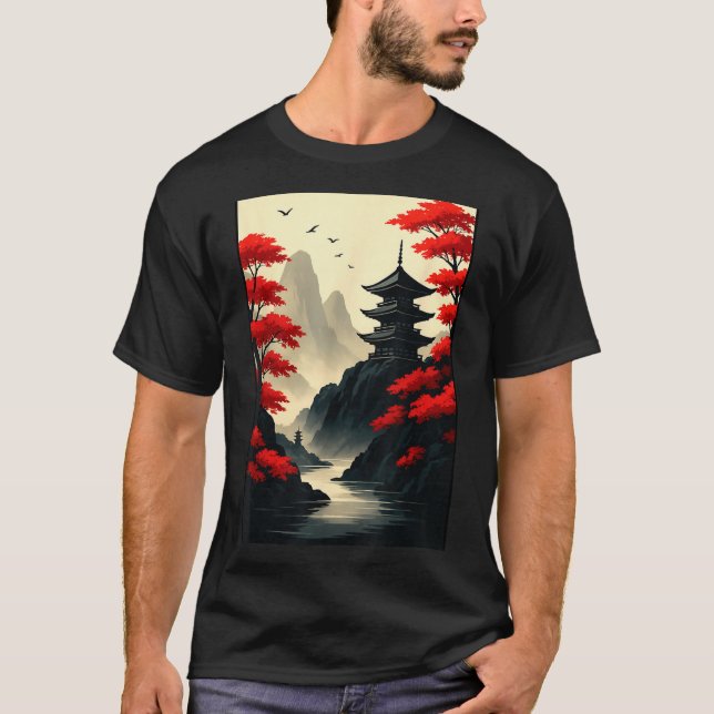 Cool Japanese Pagoda Castle Mountain Landscape Gra T-Shirt (Front)