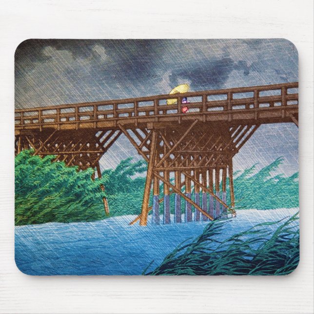Cool japanese rain bridge river forest Kawase art Mouse Pad (Front)
