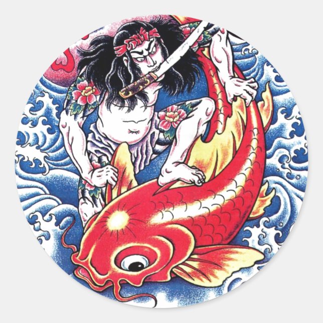 Cool Japanese Samurai Koi Carp red tattoo Classic Round Sticker (Front)