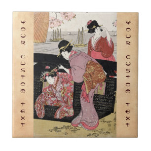 Cool japanese ukiyo-e trio geisha lady scroll tile