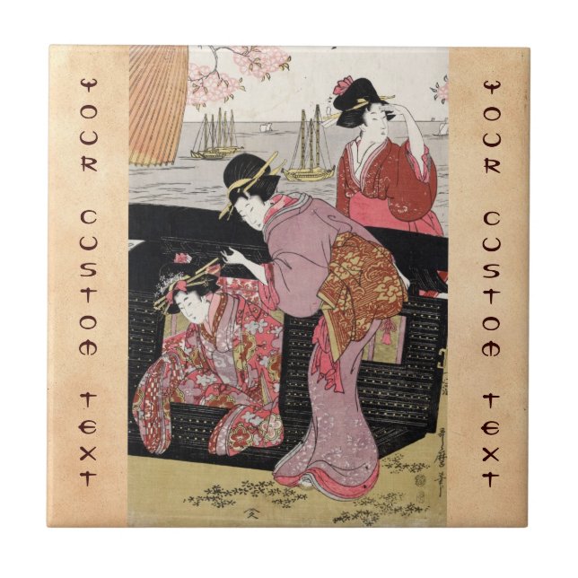 Cool japanese ukiyo-e trio geisha lady scroll tile (Front)