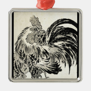 Cool japanese vintage ukiyo-e ink rooster chicken metal ornament