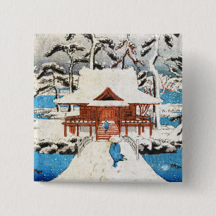 Cool japanese vintage ukiyo-e lake shrine snow 2 inch square button