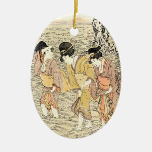 Cool japanese vintage ukiyo-e three woman sea ceramic ornament