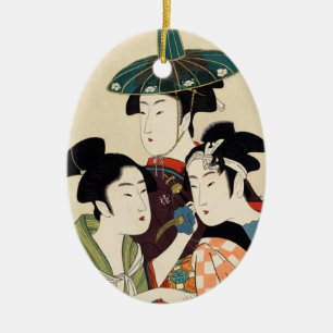 Cool japanese vintage ukiyo-e trio lady geisha art ceramic ornament
