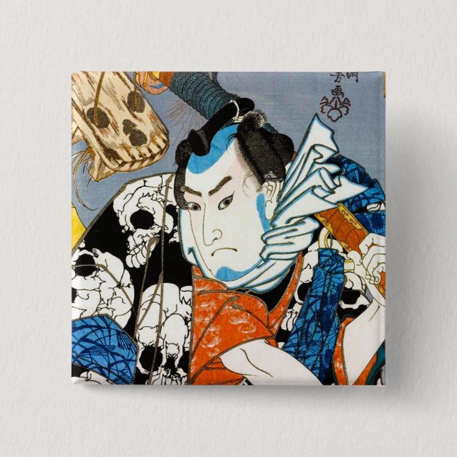 Cool japanese warrior hero samurai skull art 2 inch square button (Front)