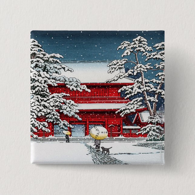 Cool japanese winter temple shrine kyoto scenery 2 inch square button (Front)