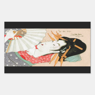 Cool japanese woodprint geisha with fan art sticker