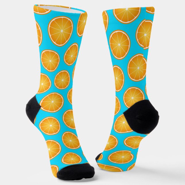 Cool Juicy Orange fruit slice pattern neon blue Socks (Angled)