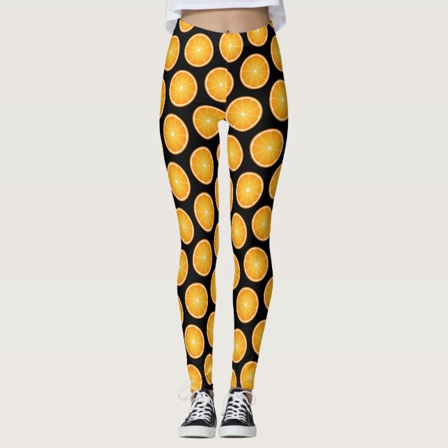 Cool Juicy Orange fruit slices pattern on black Leggings (Front)
