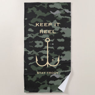 Cool Keep it Reel Fishing Funny Father's Day Camo Beach Towel