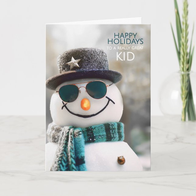 Cool Kid Snowman in a Hat and Sunglasses Holiday Card (Front)