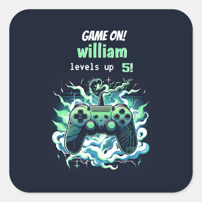 cool kids gaming level up 5th birthday square sticker (Front)