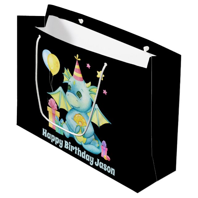 cool kids unisex dragon add name Happy Birthday Large Gift Bag (Front Angled)