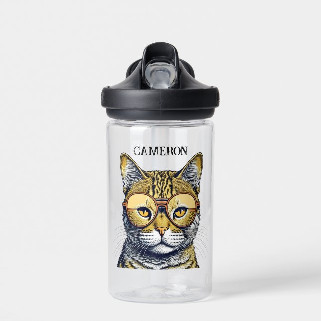 Cool Kitty Cat with Glasses Personalized Water Bottle (Front)