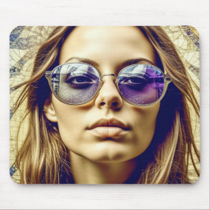 Cool Lady with Reflection in her Sunglasses Mouse Pad