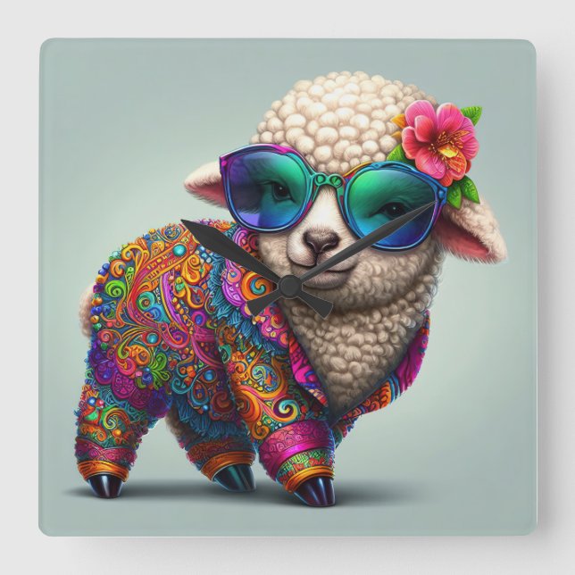 Cool lamb in a colourful suit square wall clock (Front)