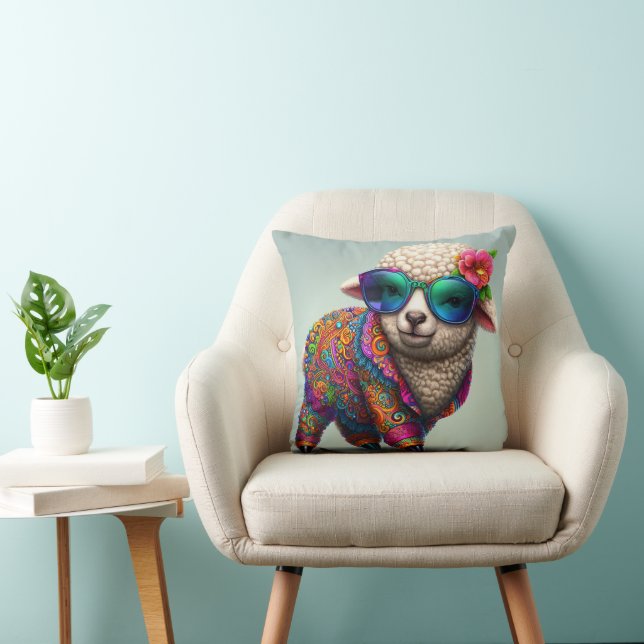 Cool lamb in a colourful suit throw pillow (Chair)