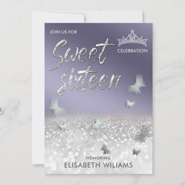 Cool lavender silver glitter tiara butterfly  invitation (Front)