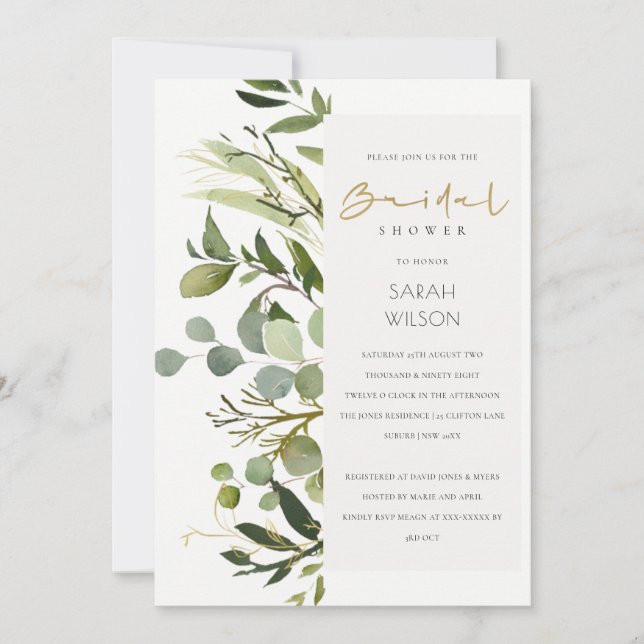 COOL LEAFY GREEN FOLIAGE WATERCOLOR BRIDAL SHOWER INVITATION (Front)