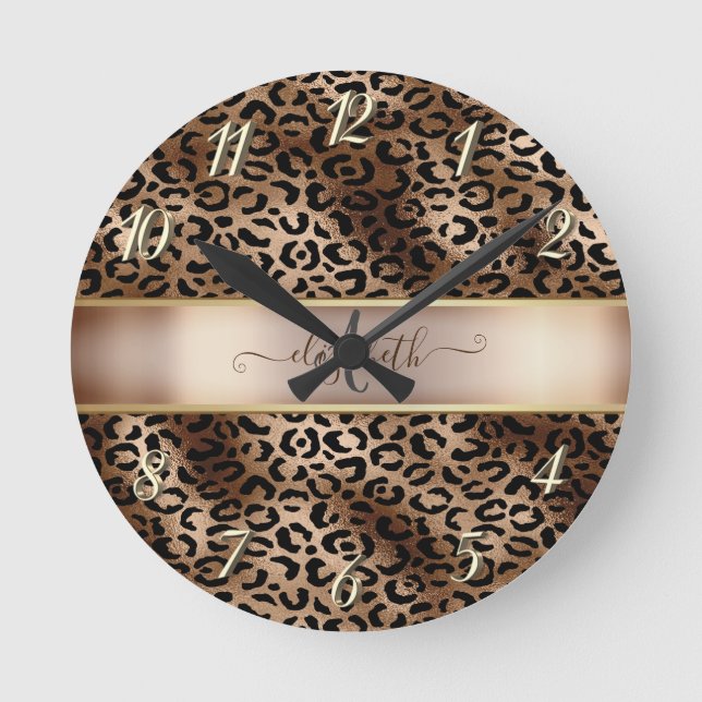 Cool Leopard Pattern Black Bronze Monogram    Round Clock (Front)