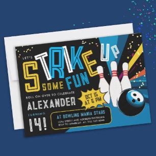 Cool Let's Strike Up Colourful Bowling Sport Party Invitation