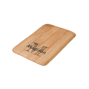 Cool light brown bamboo wood print Monogram Bath Mat