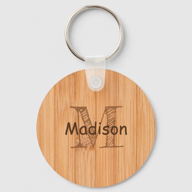 Cool light brown bamboo wood print Monogram  Keychain (Front)