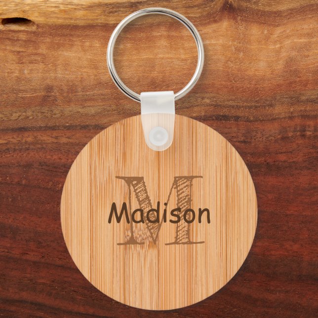 Cool light brown bamboo wood print Monogram  Keychain (Front)
