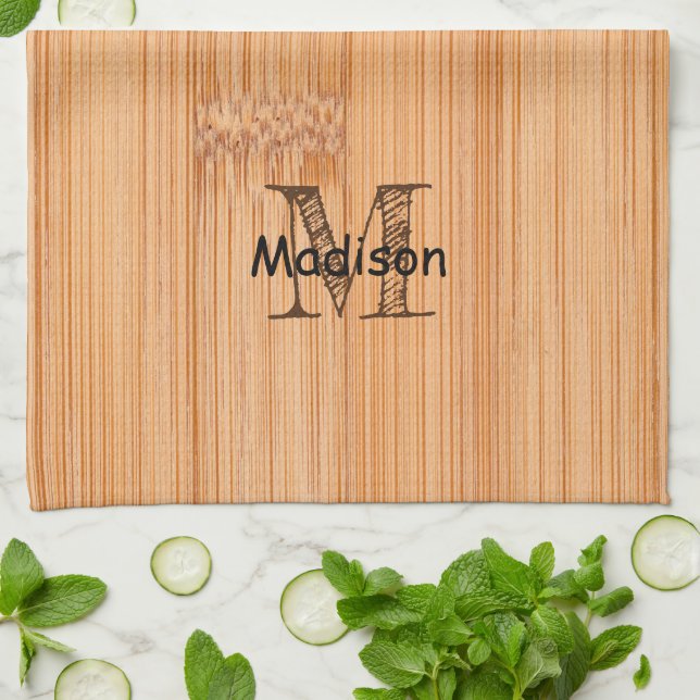 Cool light brown bamboo wood print Monogram  Kitchen Towel (Folded)