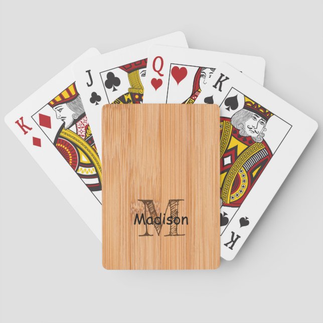 Cool light brown bamboo wood print Monogram  Playing Cards (Back)