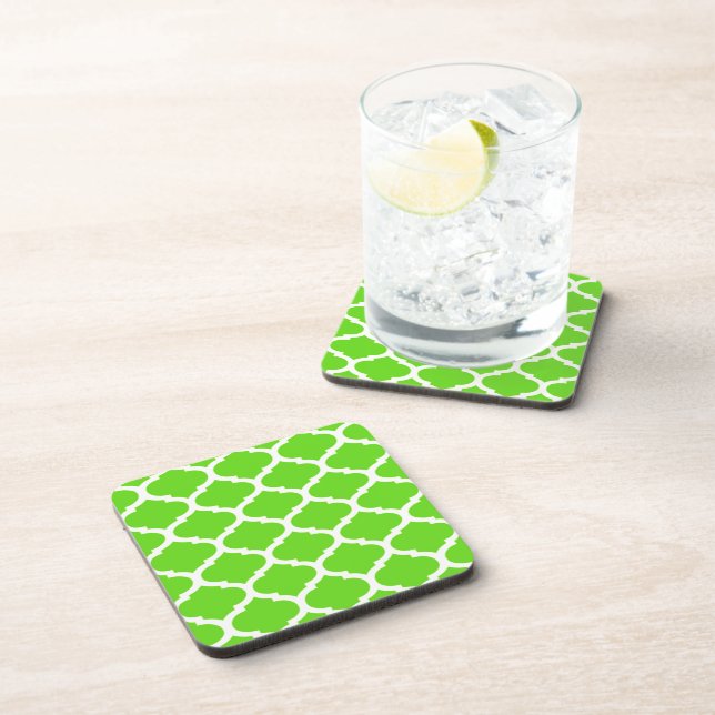 Cool Lime Green Moroccan Quatrefoil Pattern Coaster (Right Side)